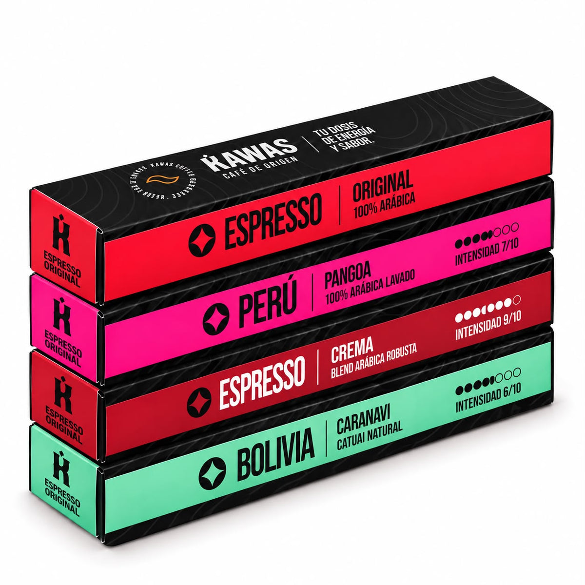 Pack degustación Kawas de 40 cápsulas de café compatibles con Nespresso® Original. Incluye 4 cajas de 10 cápsulas: Bolivia, Perú, Espresso Crema y Espresso Original.