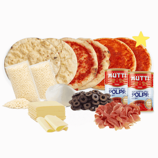 BiPack All Stars Similæ: kit para 6 pizzas con 2 masas romanas, 2 napolitanas y 2 argentinas, mozzarella, pulpa de tomate Mutti, prosciutto, aceitunas y ajíes
