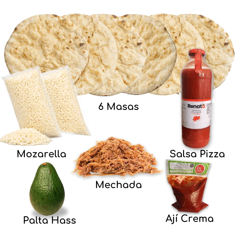 Ingredientes BiPack Mechada Palta romana: 6 masas romanas, mozzarella, salsa Renata, palta Hass, mechada y ají crema – Similæ