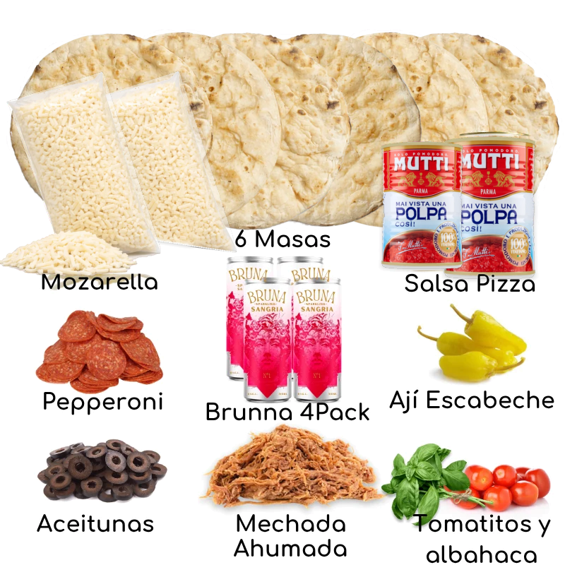 Ingredientes BiPack Mechada + Sangría romana: 6 masas romanas, mozzarella, pulpa Mutti, pepperoni, Bruna, ají, aceitunas, mechada y tomatitos – Similæ