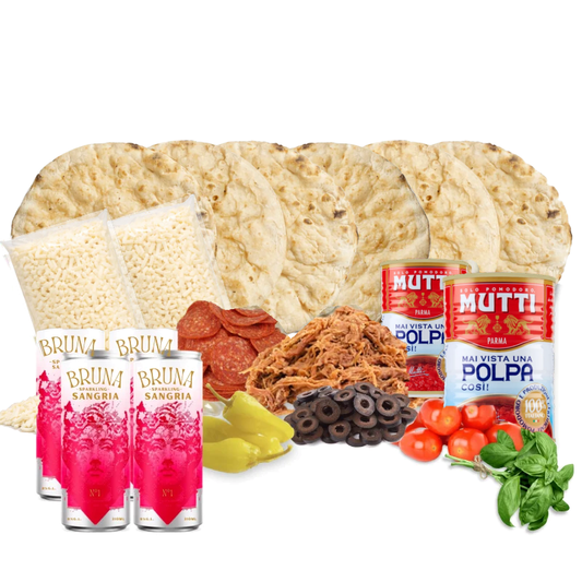 Kit 6 pizzas romanas BiPack Mechada + Sangría Bruna: masas, mozzarella, carne mechada, pepperoni, aceitunas, tomatitos y pulpa Mutti – Similæ