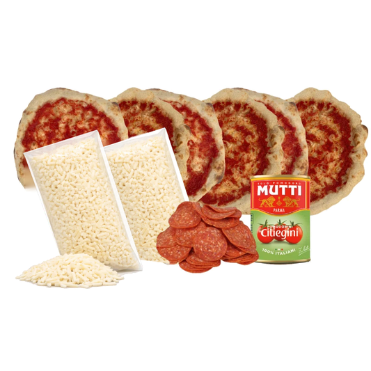 Kit 6 pizzas napolitanas BiPack Napolitana Pepperoni: masas cornicione con salsa, mozzarella, pepperoni y tomates cherry Mutti – Similæ