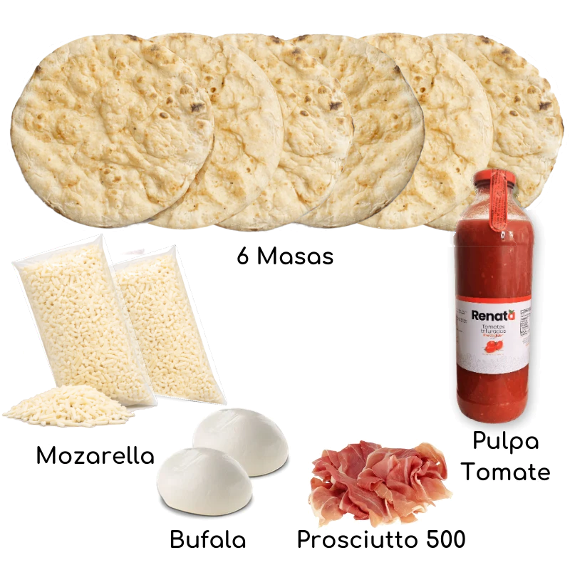 Ingredientes BiPack Prosciutto & Búfala romana: 6 masas romanas, mozzarella, búfala, prosciutto 500 g y pulpa de tomate – Similæ