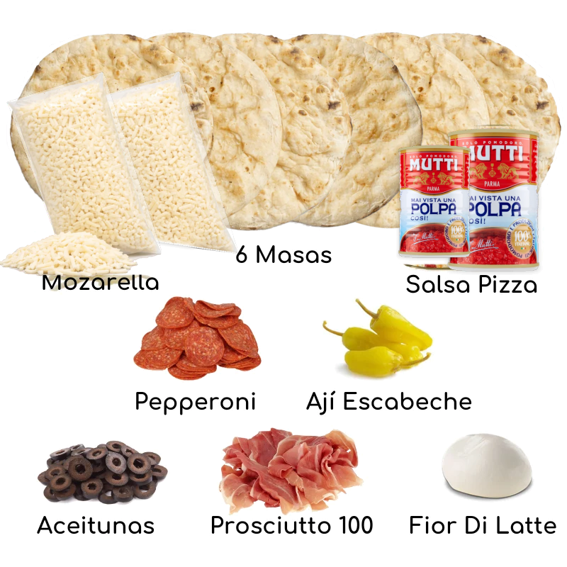 Ingredientes BiPack Smart romana: 6 masas romanas, mozzarella, pepperoni, ají, aceitunas, prosciutto, fior di latte y pulpa Mutti – Similæ