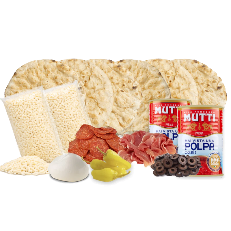 Kit 6 pizzas romanas BiPack Smart: masas, mozzarella, pepperoni, prosciutto, fior di latte, aceitunas, ají y pulpa Mutti – Similæ