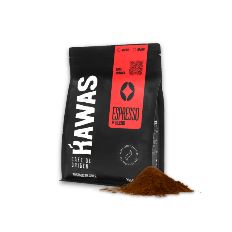 Café Kawas Molido Espresso 100% arábica con notas intensas a chocolate y frutos secos. Ideal para espresso. Compra online en CafeMarket.cl

