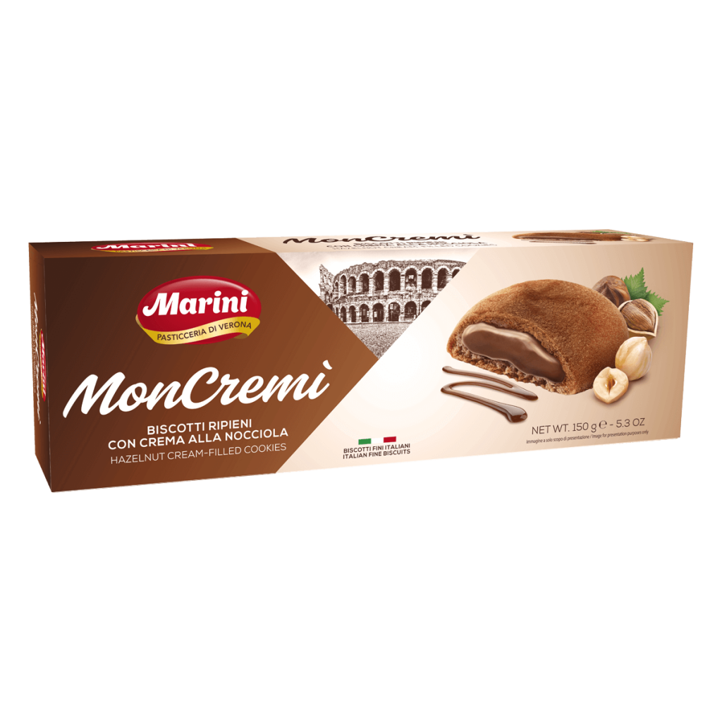 Biscotti Ripieni MonCremi 150 g – Galletas italianas rellenas de crema de cacao oy avellana – Marini