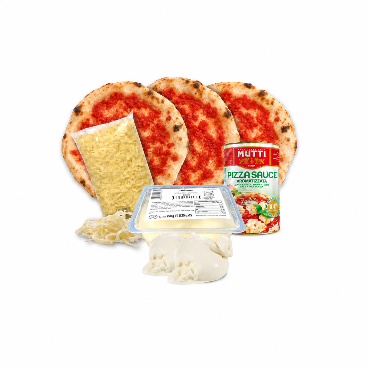 Kit pizza napolitana con burrata: 3 masas napolitanas, mozzarella y salsa