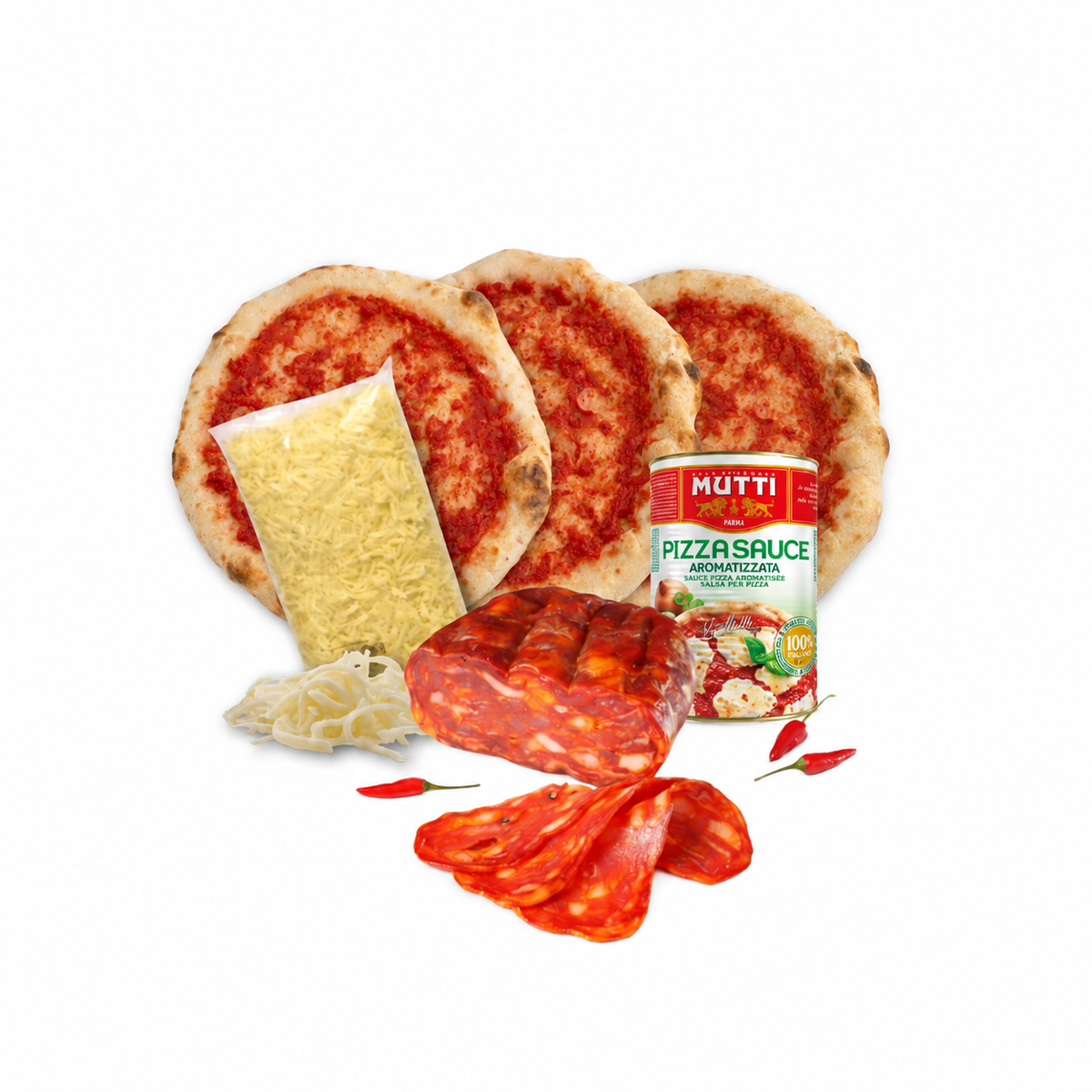 Kit pizza diavola napolitana: 3 masas napolitanas, mozzarella, salsa y spianata piccante