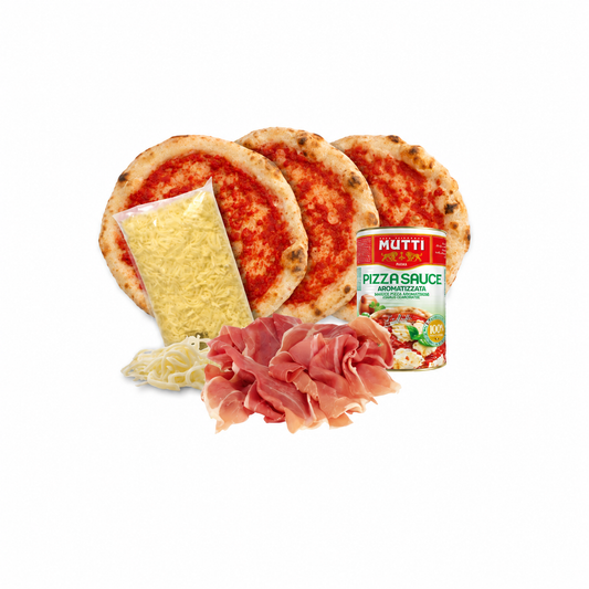 Kit pizza napolitana con prosciutto crudo: 3 masas napolitanas, mozzarella y salsa