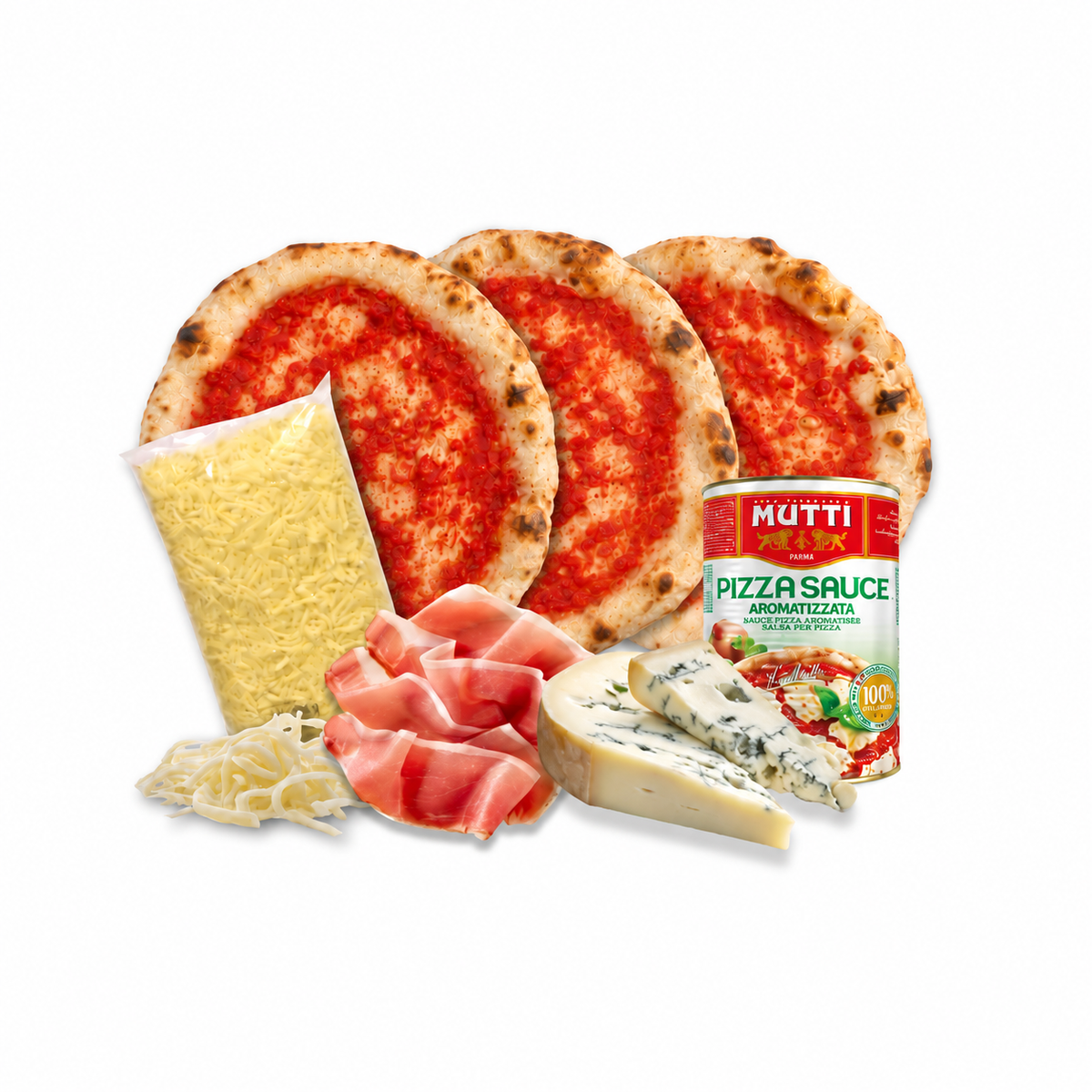 Kit pizza napolitana speck y gorgonzola: 3 masas napolitanas, mozzarella y salsa