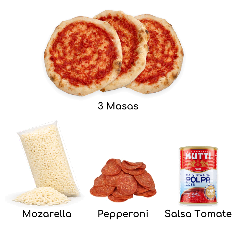 Ingredientes Pack Americano napolitana: 3 masas napolitanas, mozzarella, pepperoni y pulpa de tomate Mutti – Similæ