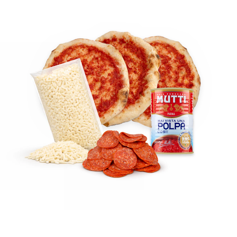 Kit 3 pizzas napolitanas Pack Americano: masas napolitanas, mozzarella, pepperoni y pulpa de tomate Mutti – Similæ