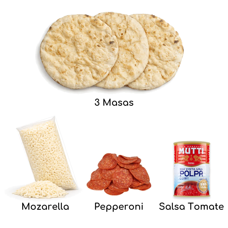 Ingredientes Pack Americano romana: 3 masas romanas, mozzarella, pepperoni y pulpa de tomate Mutti – Similæ