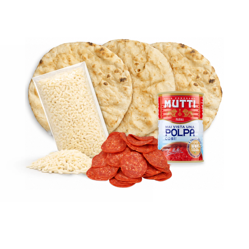Kit 3 pizzas romanas Pack Americano: masas romanas, mozzarella, pepperoni y pulpa de tomate Mutti – Similæ
