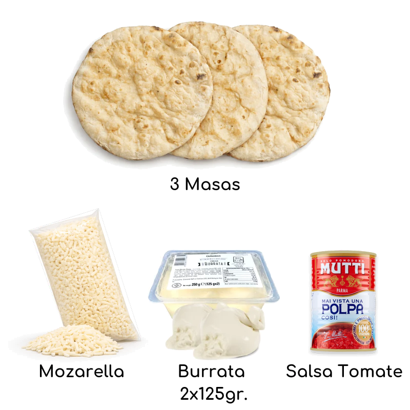 Ingredientes Pack Burrata romana: 3 masas romanas, mozzarella, burrata 2x125 g y pulpa de tomate Mutti – Similæ
