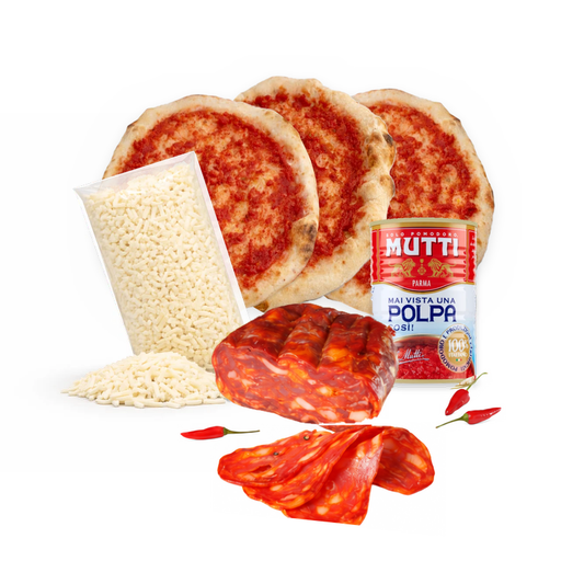 Kit 3 pizzas napolitanas Pack Diavola: masas napolitanas, mozzarella, salame picante, ajíes y pulpa de tomate Mutti – Similæ
