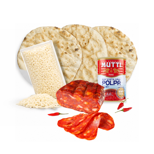 Kit 3 pizzas romanas Pack Diavola: masas romanas, mozzarella, salame picante, ajíes y pulpa de tomate Mutti – Similæ