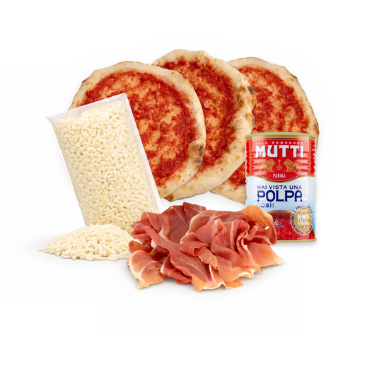 Kit 3 pizzas napolitanas Pack Prosciutto Crudo: masas napolitanas, mozzarella, prosciutto y pulpa de tomate Mutti – Similæ