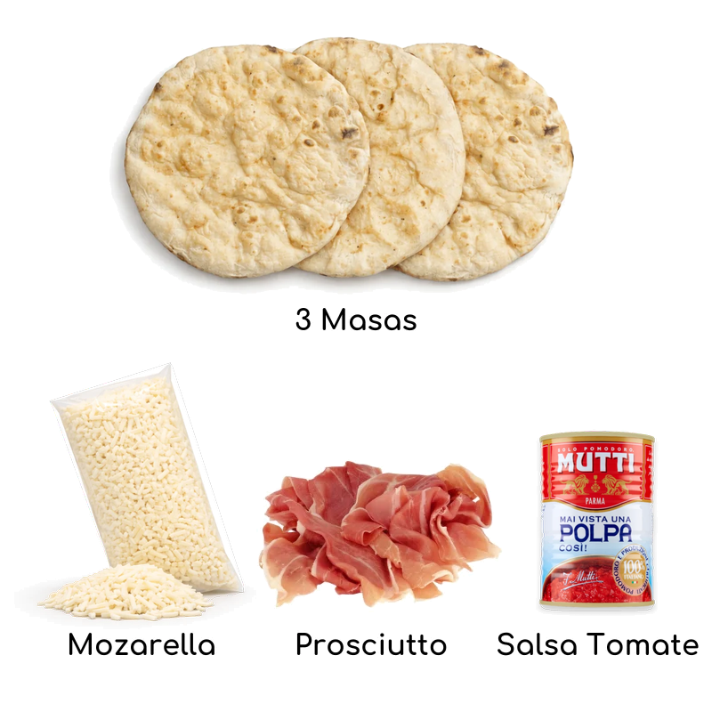 Ingredientes Pack Prosciutto Crudo romana: 3 masas romanas, mozzarella, prosciutto y pulpa de tomate Mutti – Similæ