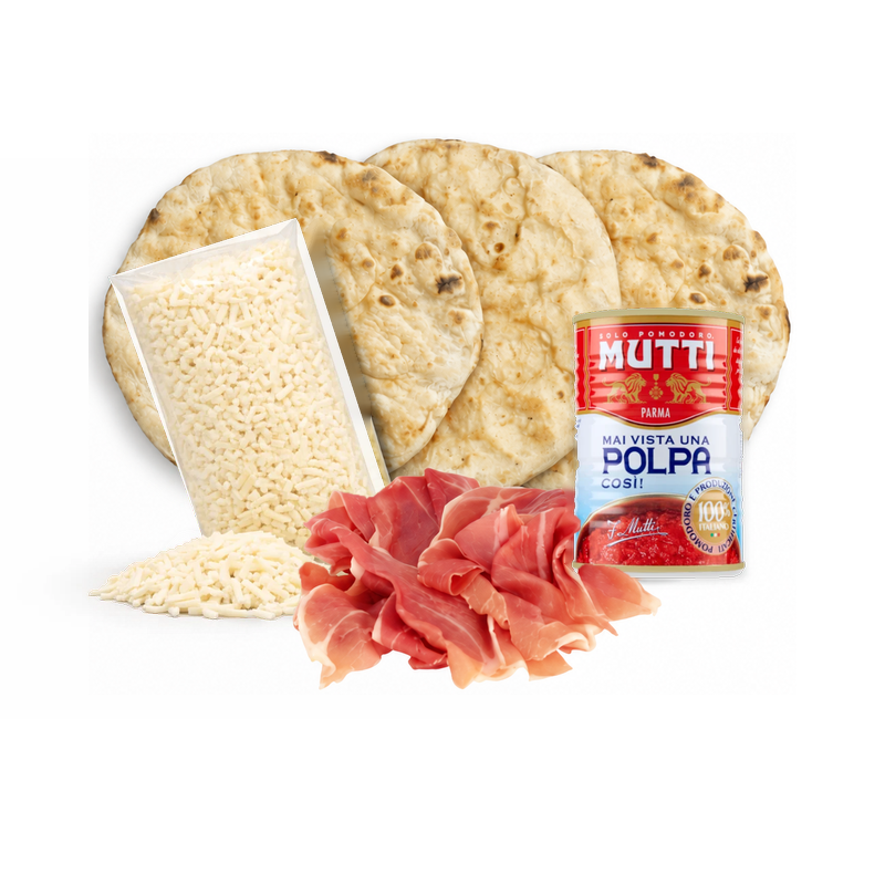 Kit 3 pizzas romanas Pack Prosciutto Crudo: masas romanas, mozzarella, prosciutto y pulpa de tomate Mutti – Similæ