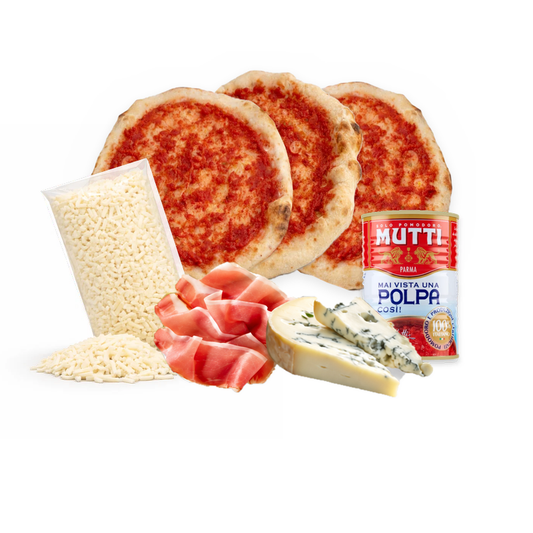 Kit 3 pizzas napolitanas Pack Speck e Zola: masas napolitanas, mozzarella, speck, gorgonzola y pulpa de tomate Mutti – Similæ