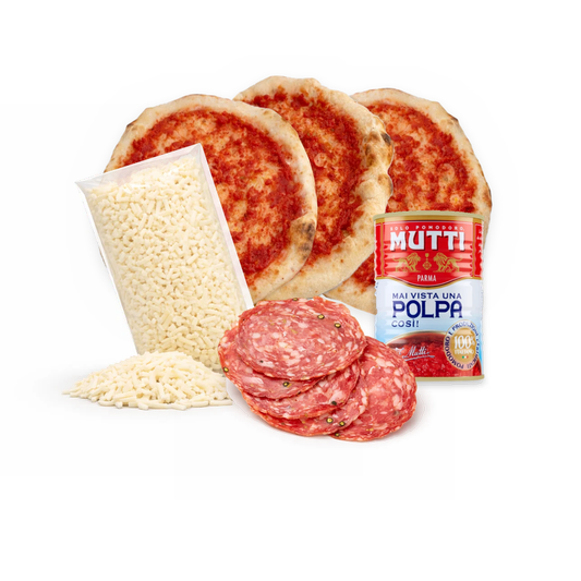 Kit 3 pizzas napolitanas Pack Toscano: masas napolitanas, mozzarella, salame finocchiona y pulpa de tomate Mutti – Similæ