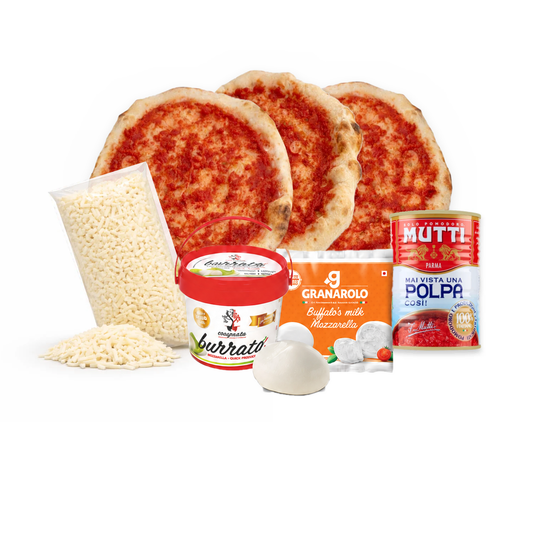 Kit 3 pizzas napolitanas Pack Tres Leches: masas napolitanas, mozzarella, burrata, búfala y pulpa de tomate Mutti – Similæ