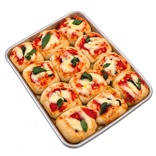 Pizzetta Margherita x12 vista diagonal – masa fermentada fior di latte albahaca Similae Santiago