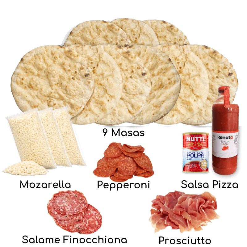 Ingredientes TriPack Salumi romana: 9 masas romanas, mozzarella, pepperoni, salame finocchiona, prosciutto y salsa – Similæ