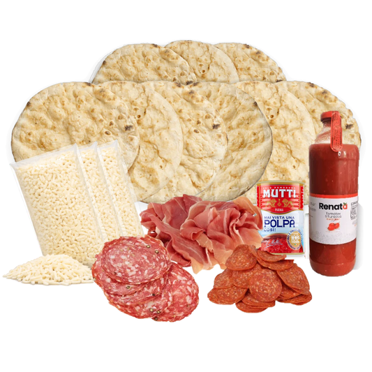Kit 9 pizzas romanas TriPack Salumi: masas romanas, mozzarella, prosciutto, salame finocchiona, pepperoni y pulpa Mutti – Similæ